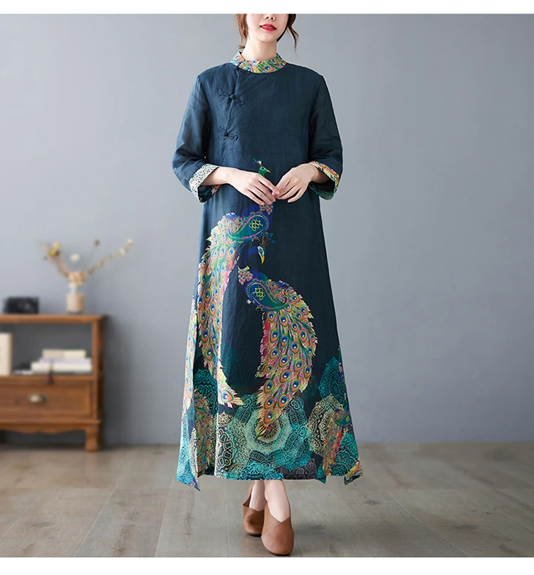 Amax luluE Fashion 2024 Spring Womens Vintage Button Design Dress Chinese Style Print Elegant Linen Vestidos Patchwork Dresses