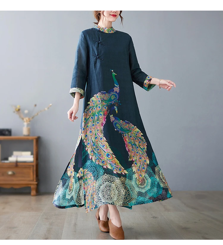 Amax luluE Fashion 2024 Spring Womens Vintage Button Design Dress Chinese Style Print Elegant Linen Vestidos Patchwork Dresses