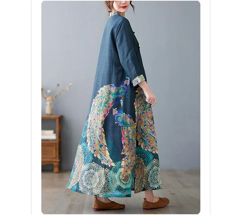 Amax luluE Fashion 2024 Spring Womens Vintage Button Design Dress Chinese Style Print Elegant Linen Vestidos Patchwork Dresses