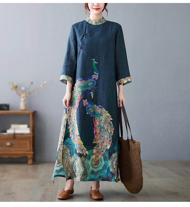 Amax luluE Fashion 2024 Spring Womens Vintage Button Design Dress Chinese Style Print Elegant Linen Vestidos Patchwork Dresses