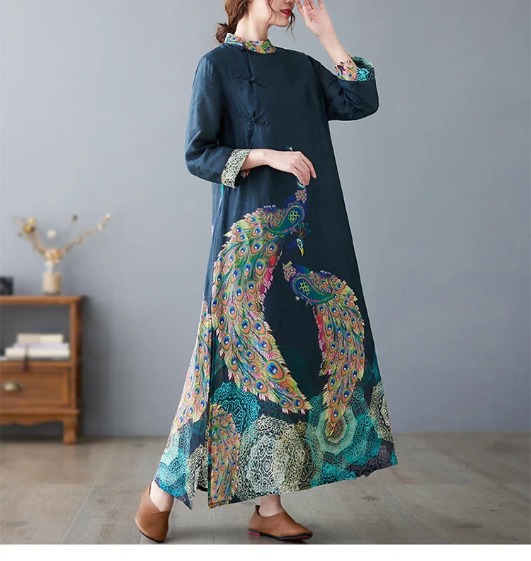 Amax luluE Fashion 2024 Spring Womens Vintage Button Design Dress Chinese Style Print Elegant Linen Vestidos Patchwork Dresses