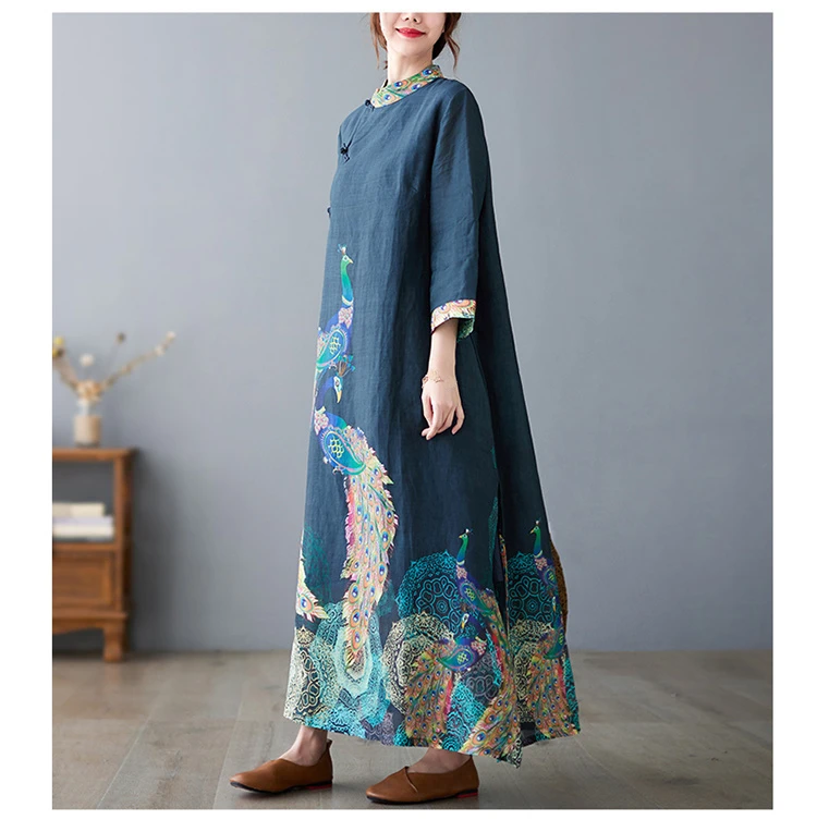 Amax luluE Fashion 2024 Spring Womens Vintage Button Design Dress Chinese Style Print Elegant Linen Vestidos Patchwork Dresses