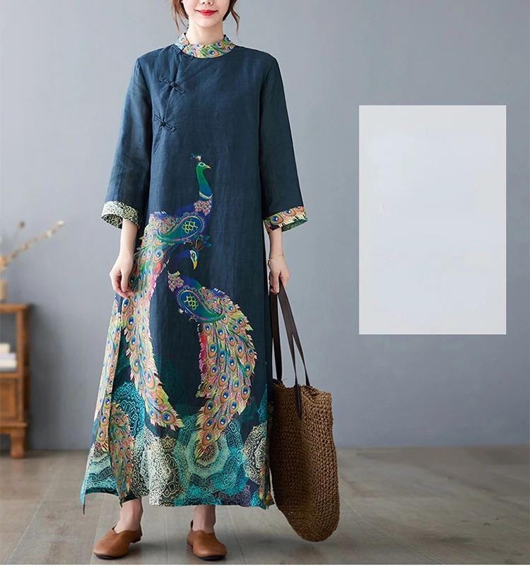 Amax luluE Fashion 2024 Spring Womens Vintage Button Design Dress Chinese Style Print Elegant Linen Vestidos Patchwork Dresses
