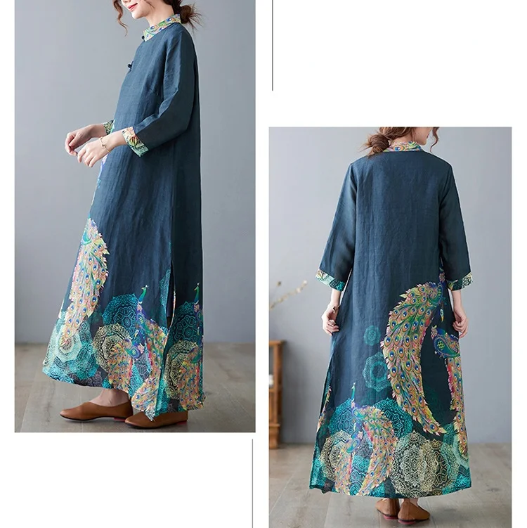 Amax luluE Fashion 2024 Spring Womens Vintage Button Design Dress Chinese Style Print Elegant Linen Vestidos Patchwork Dresses