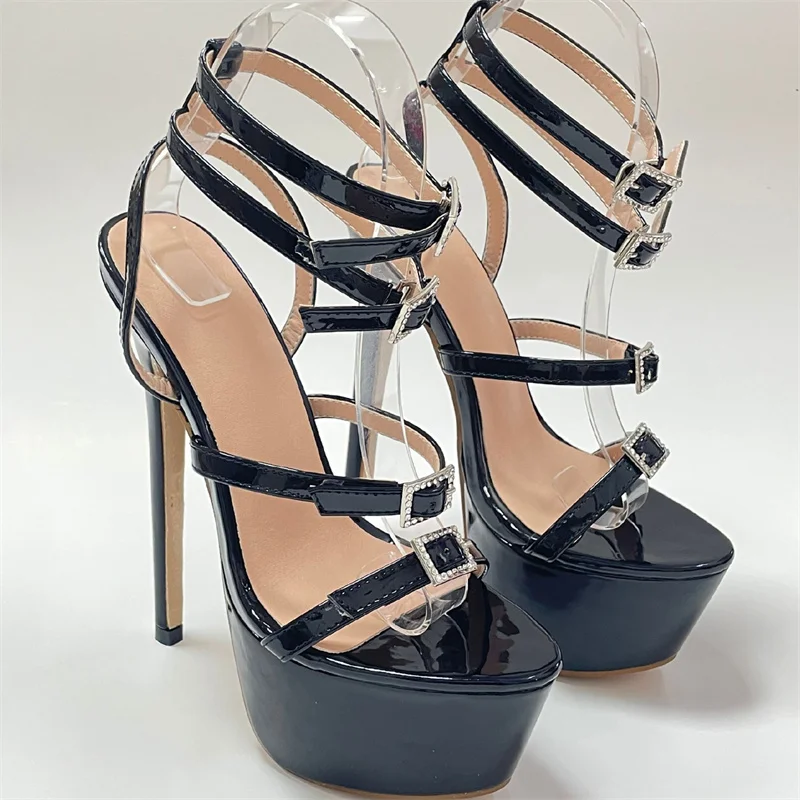 Liyke Model Catwalk Sexy Thin High Heels Women Fashion Rhinestone Buckle Open Toe Ankle Strap Platform Sandals Shoes Stiletto