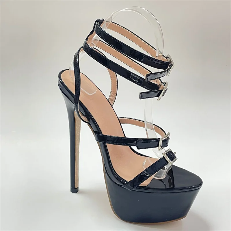 Liyke Model Catwalk Sexy Thin High Heels Women Fashion Rhinestone Buckle Open Toe Ankle Strap Platform Sandals Shoes Stiletto