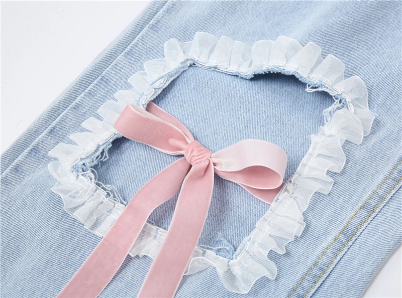 Blue Ripped Vintage Woman's Jeans Streetwear Harajuku High Waist Lace Up Pants Summer Fashion Straight Denim Trousers Ladies