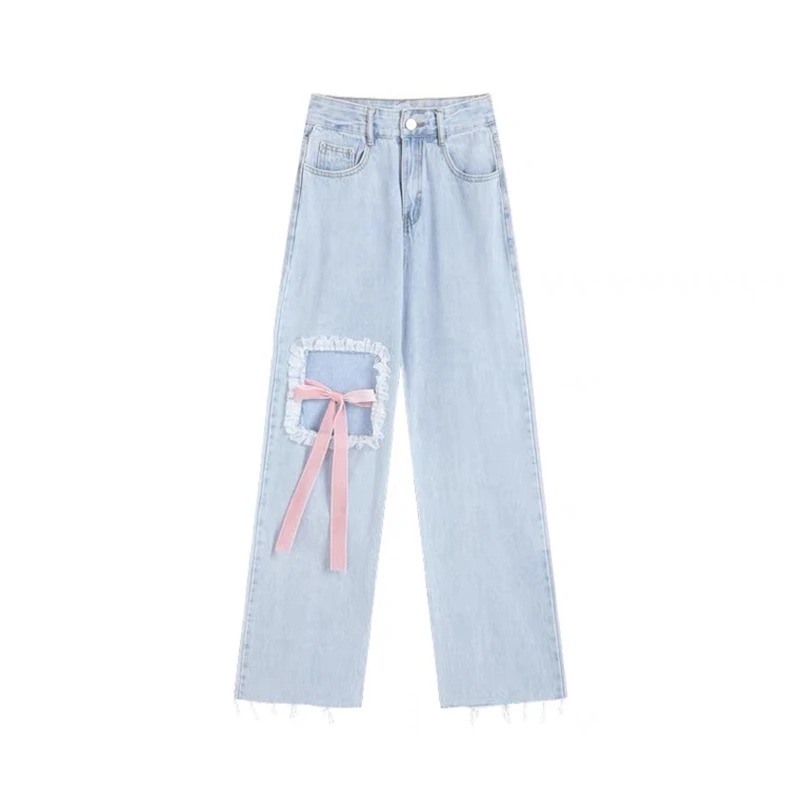 Blue Ripped Vintage Woman's Jeans Streetwear Harajuku High Waist Lace Up Pants Summer Fashion Straight Denim Trousers Ladies