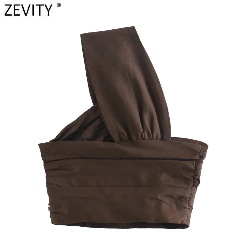 Zevity Women Sexy Two Color Single Shoulder Knotted Linen Smock Blouse Lady Chic Pleat Side Zipper Crop Shirt Blusas Tops LS9969