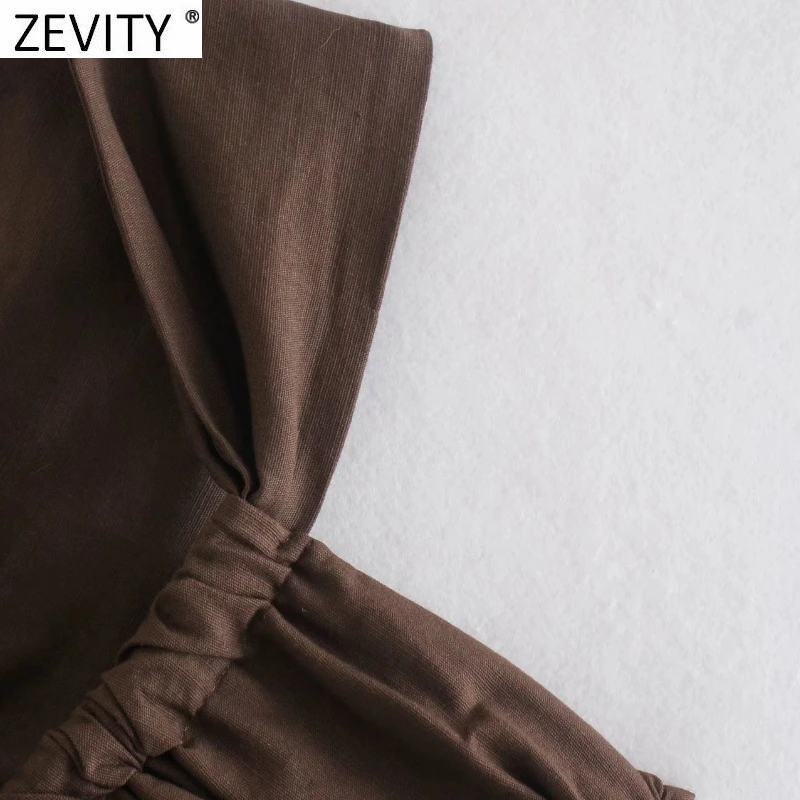 Zevity Women Sexy Two Color Single Shoulder Knotted Linen Smock Blouse Lady Chic Pleat Side Zipper Crop Shirt Blusas Tops LS9969