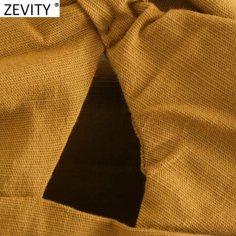 Zevity Women Sexy Two Color Single Shoulder Knotted Linen Smock Blouse Lady Chic Pleat Side Zipper Crop Shirt Blusas Tops LS9969