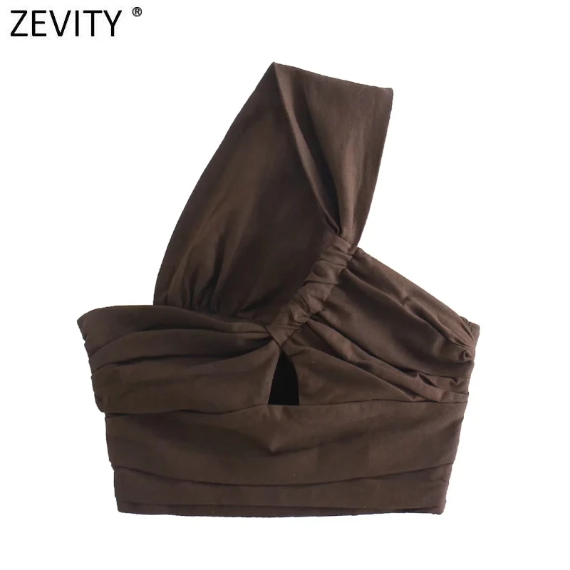 Zevity Women Sexy Two Color Single Shoulder Knotted Linen Smock Blouse Lady Chic Pleat Side Zipper Crop Shirt Blusas Tops LS9969