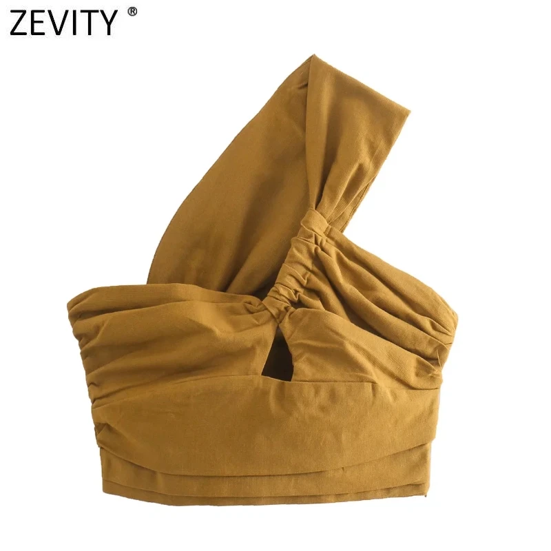 Zevity Women Sexy Two Color Single Shoulder Knotted Linen Smock Blouse Lady Chic Pleat Side Zipper Crop Shirt Blusas Tops LS9969