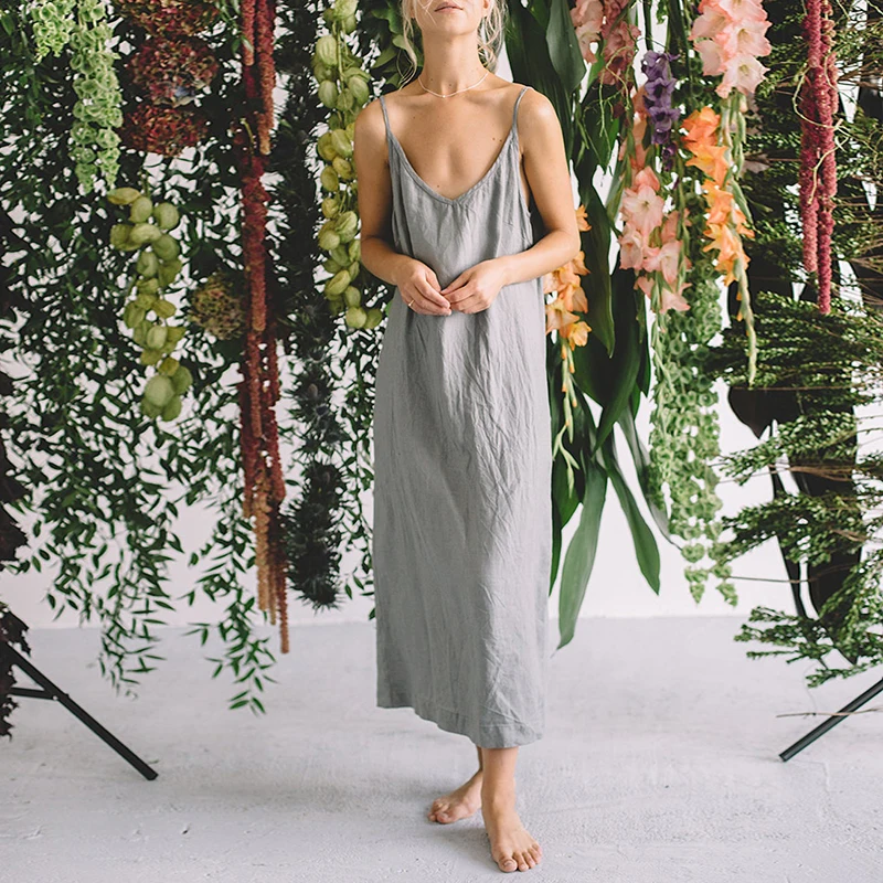 Casual Loose Cotton Linen Women'S Dresses 2026 Summer Sexy Spaghetti Strap Sleeveless Harajuku Long Midi Party Club Dress