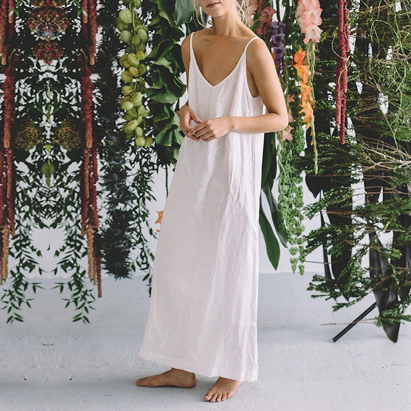 Casual Loose Cotton Linen Women'S Dresses 2026 Summer Sexy Spaghetti Strap Sleeveless Harajuku Long Midi Party Club Dress