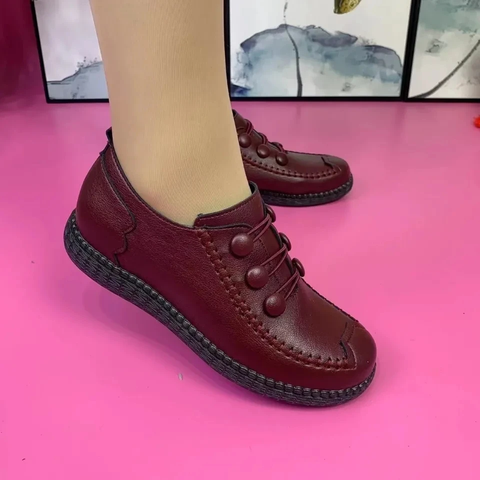 Mother Fashion Artificial Leather Flat Shoes Handmade Low Heels Women Antiskid Loafers Woman Flats