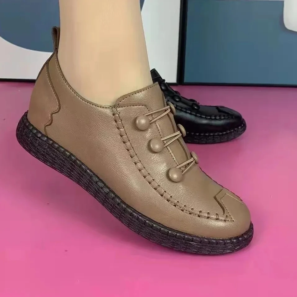 Mother Fashion Artificial Leather Flat Shoes Handmade Low Heels Women Antiskid Loafers Woman Flats