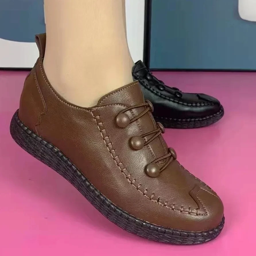 Mother Fashion Artificial Leather Flat Shoes Handmade Low Heels Women Antiskid Loafers Woman Flats