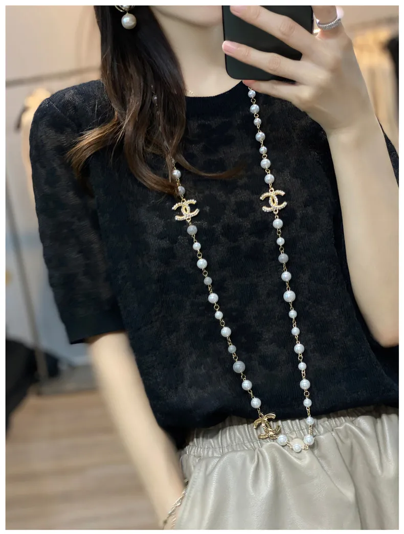French elegant knit short sleeve women's round collar floral mulberry silk T - shirt thin temperament loose ice silk jacket