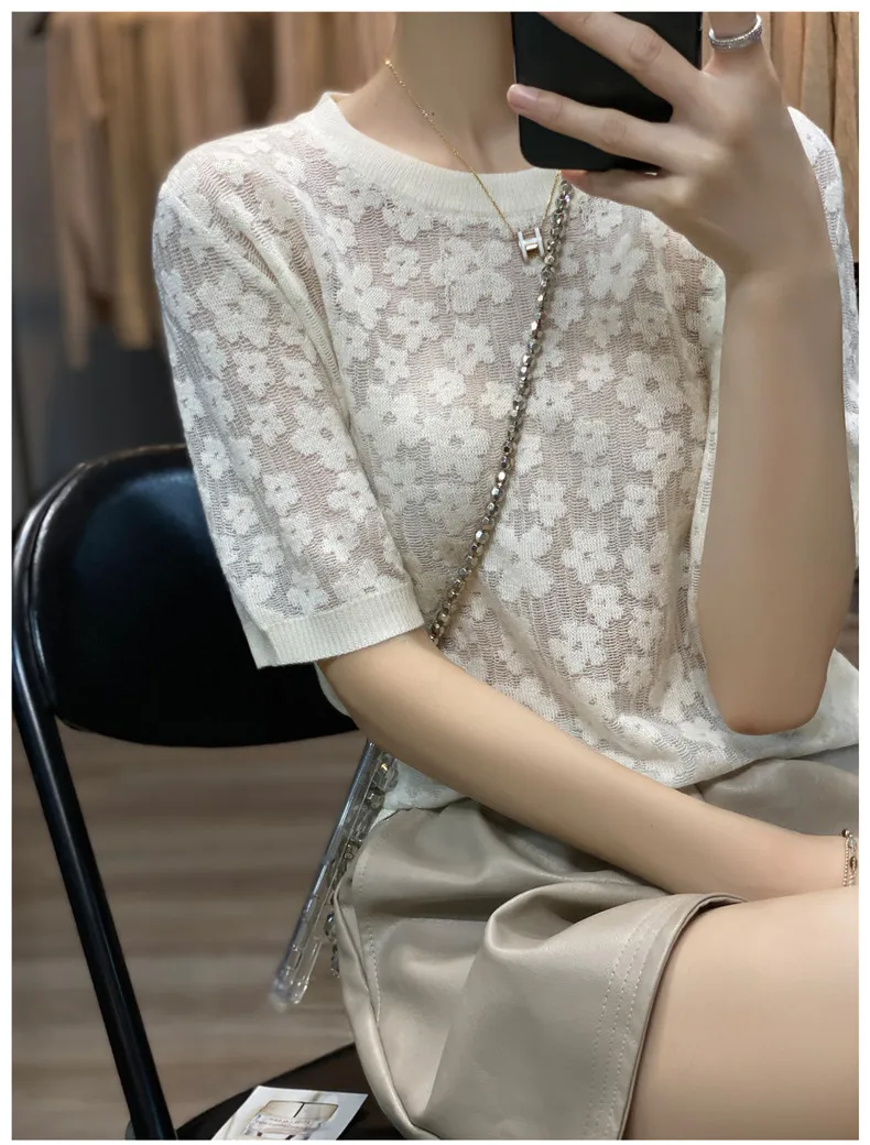 French elegant knit short sleeve women's round collar floral mulberry silk T - shirt thin temperament loose ice silk jacket