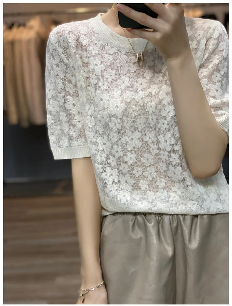 French elegant knit short sleeve women's round collar floral mulberry silk T - shirt thin temperament loose ice silk jacket
