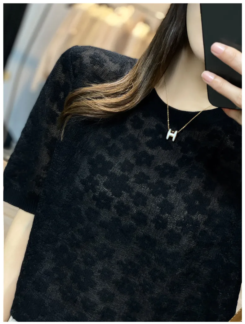French elegant knit short sleeve women's round collar floral mulberry silk T - shirt thin temperament loose ice silk jacket