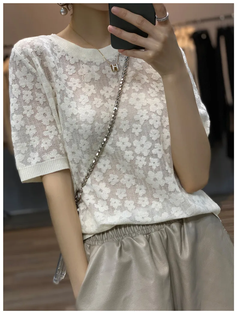 French elegant knit short sleeve women's round collar floral mulberry silk T - shirt thin temperament loose ice silk jacket