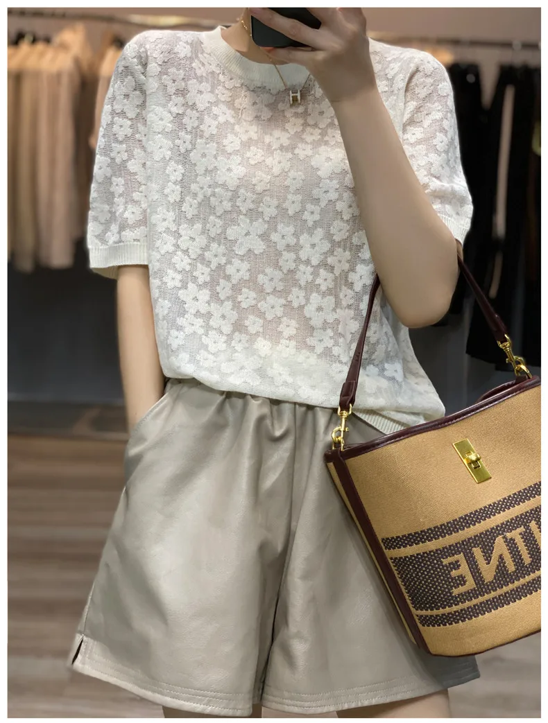 French elegant knit short sleeve women's round collar floral mulberry silk T - shirt thin temperament loose ice silk jacket