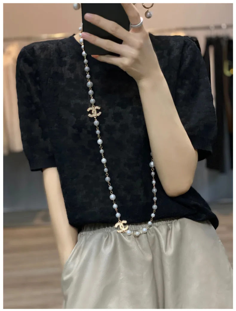 French elegant knit short sleeve women's round collar floral mulberry silk T - shirt thin temperament loose ice silk jacket