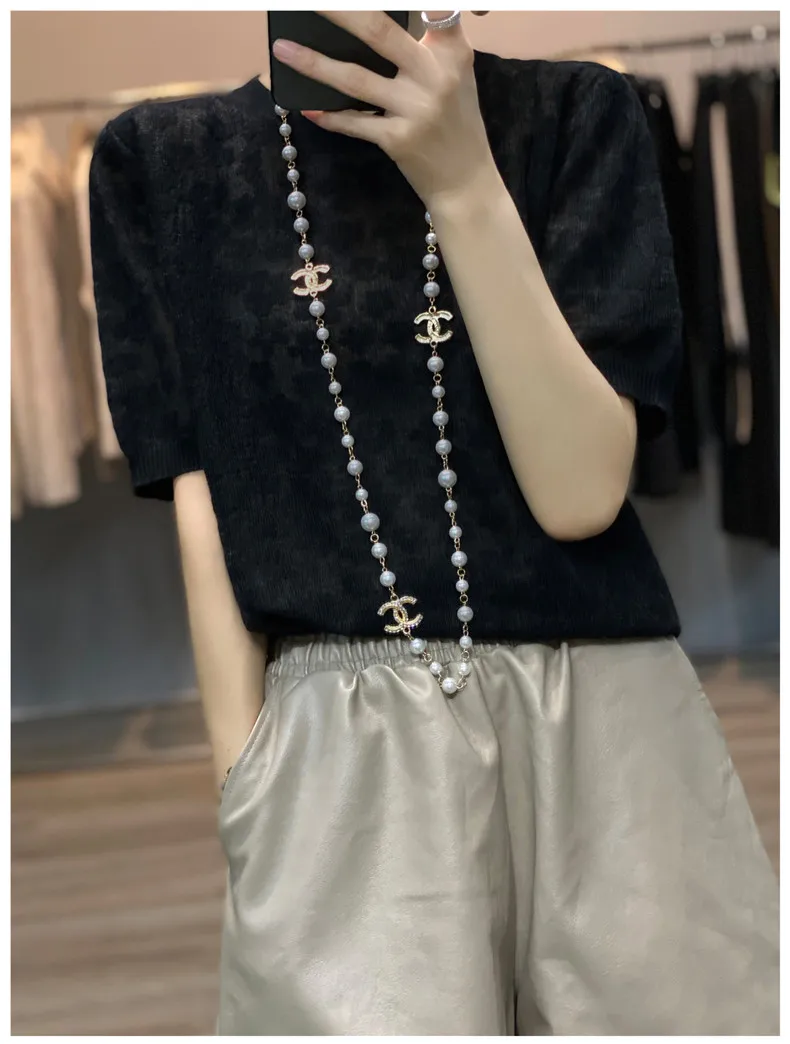 French elegant knit short sleeve women's round collar floral mulberry silk T - shirt thin temperament loose ice silk jacket