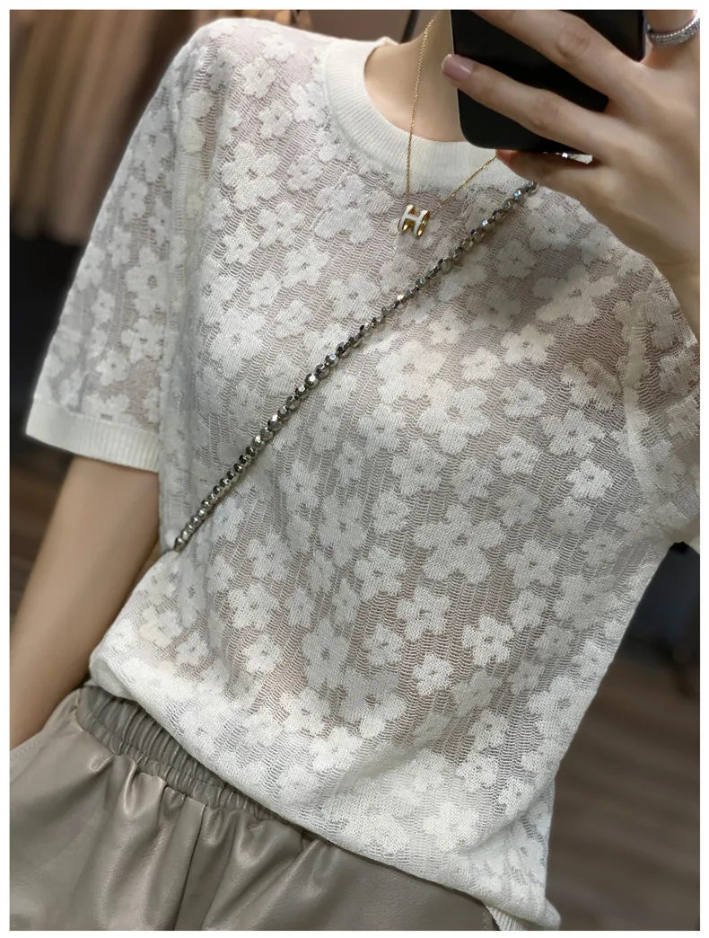French elegant knit short sleeve women's round collar floral mulberry silk T - shirt thin temperament loose ice silk jacket