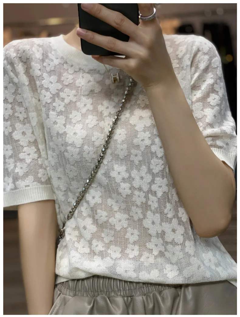 French elegant knit short sleeve women's round collar floral mulberry silk T - shirt thin temperament loose ice silk jacket