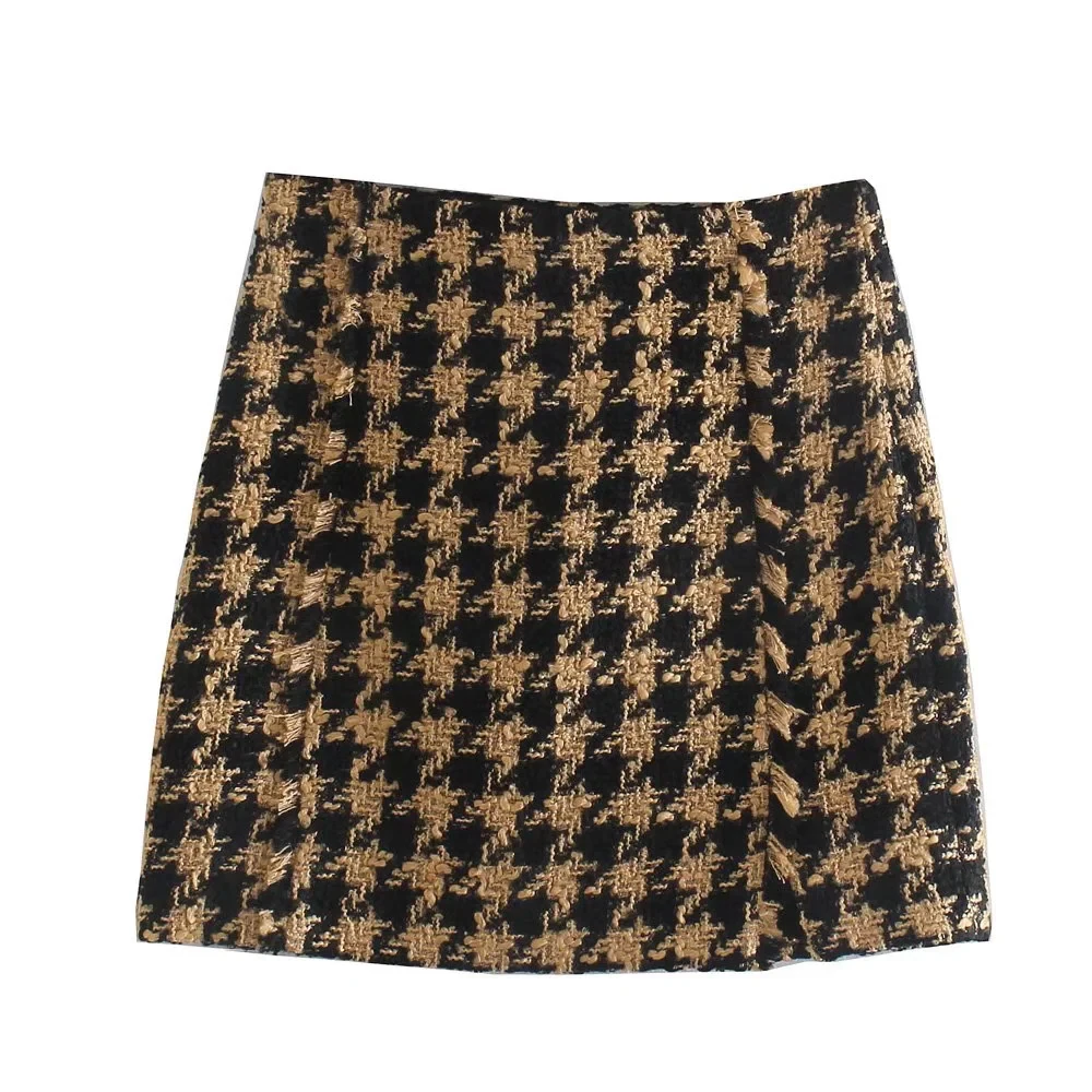 xikom 2021 Tweed Summer Women Two-piece Set Vintage Plaid long Sleeve short Blazer coat Female Slim High Waist Skirt Suits
