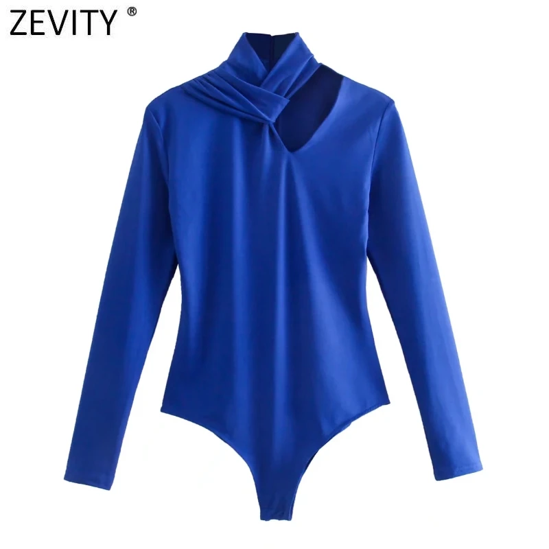 Zevity New Women Sexy Knotted Hollow Out Design Solid Blue Color Slim Bodysuits Lady Chic High Street Back Zipper Rompers LS9798