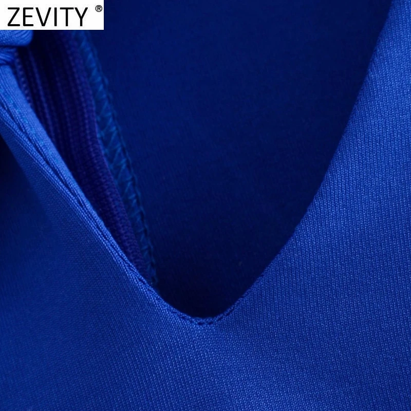 Zevity New Women Sexy Knotted Hollow Out Design Solid Blue Color Slim Bodysuits Lady Chic High Street Back Zipper Rompers LS9798