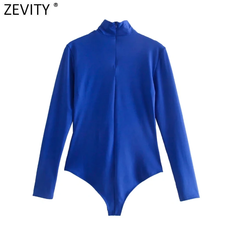Zevity New Women Sexy Knotted Hollow Out Design Solid Blue Color Slim Bodysuits Lady Chic High Street Back Zipper Rompers LS9798
