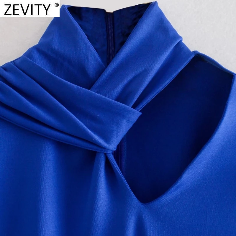 Zevity New Women Sexy Knotted Hollow Out Design Solid Blue Color Slim Bodysuits Lady Chic High Street Back Zipper Rompers LS9798