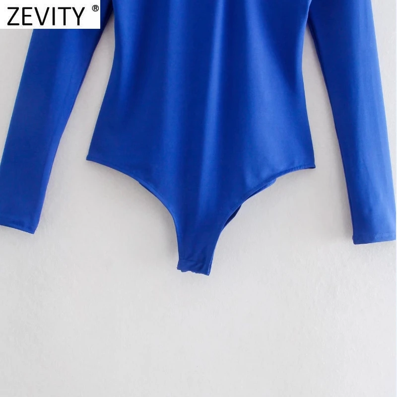 Zevity New Women Sexy Knotted Hollow Out Design Solid Blue Color Slim Bodysuits Lady Chic High Street Back Zipper Rompers LS9798