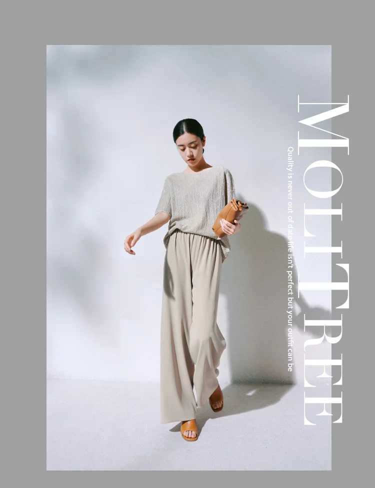 European station summer ice silk pleated short sleeve T-shirt women's round collar loose versatile solid color knit top