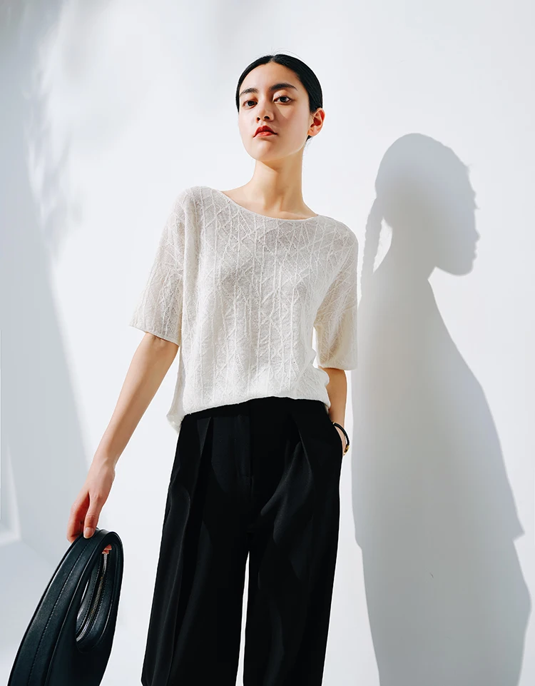 European station summer ice silk pleated short sleeve T-shirt women's round collar loose versatile solid color knit top