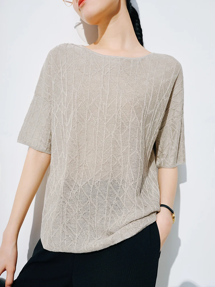 European station summer ice silk pleated short sleeve T-shirt women's round collar loose versatile solid color knit top