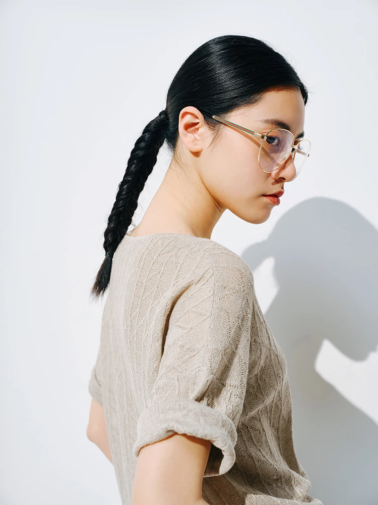 European station summer ice silk pleated short sleeve T-shirt women's round collar loose versatile solid color knit top