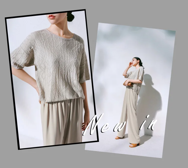 European station summer ice silk pleated short sleeve T-shirt women's round collar loose versatile solid color knit top