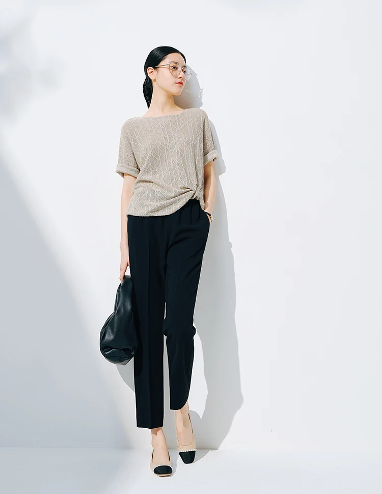 European station summer ice silk pleated short sleeve T-shirt women's round collar loose versatile solid color knit top