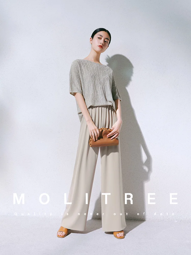 European station summer ice silk pleated short sleeve T-shirt women's round collar loose versatile solid color knit top