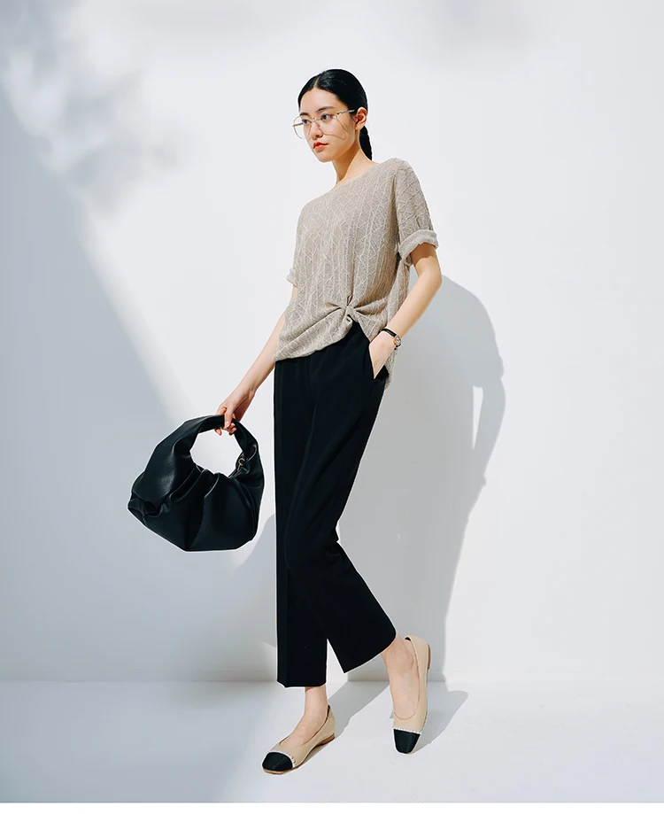 European station summer ice silk pleated short sleeve T-shirt women's round collar loose versatile solid color knit top