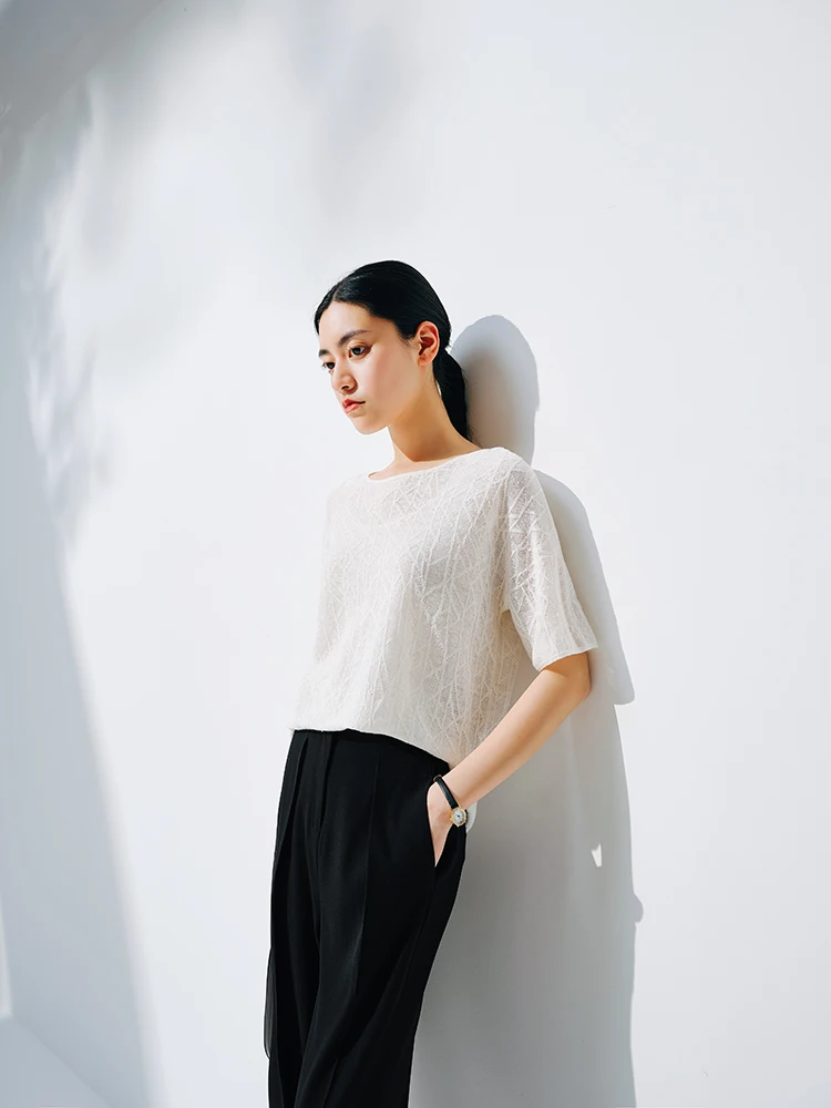 European station summer ice silk pleated short sleeve T-shirt women's round collar loose versatile solid color knit top