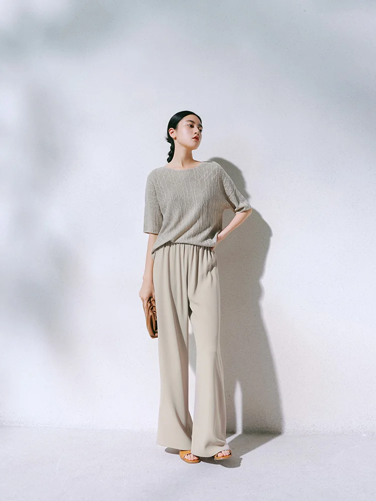 European station summer ice silk pleated short sleeve T-shirt women's round collar loose versatile solid color knit top
