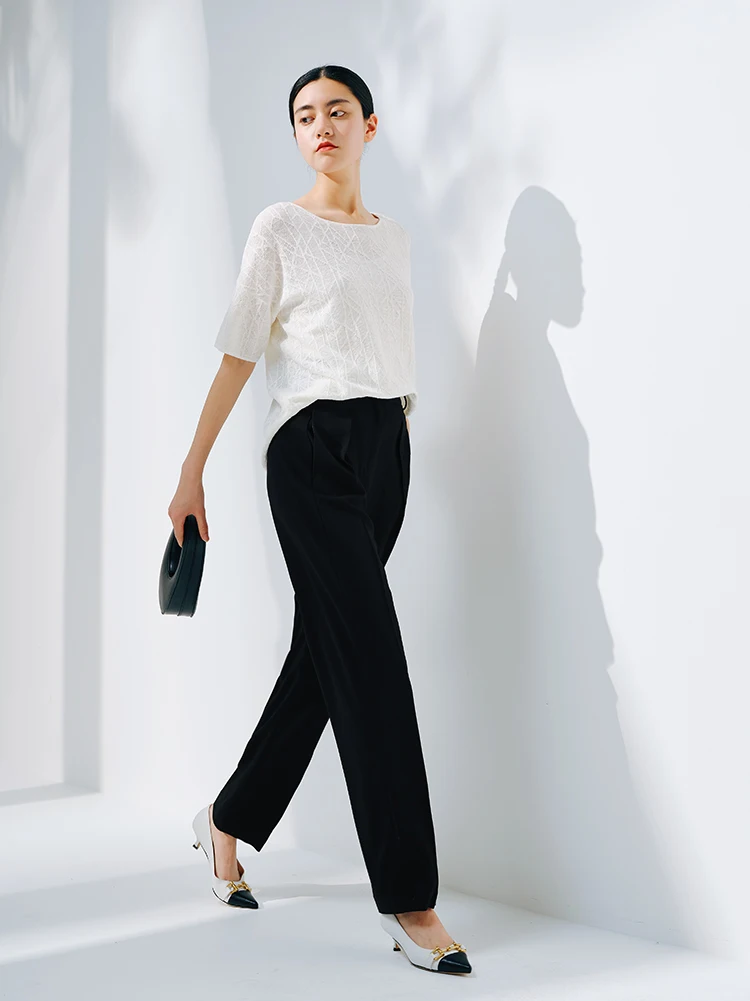 European station summer ice silk pleated short sleeve T-shirt women's round collar loose versatile solid color knit top