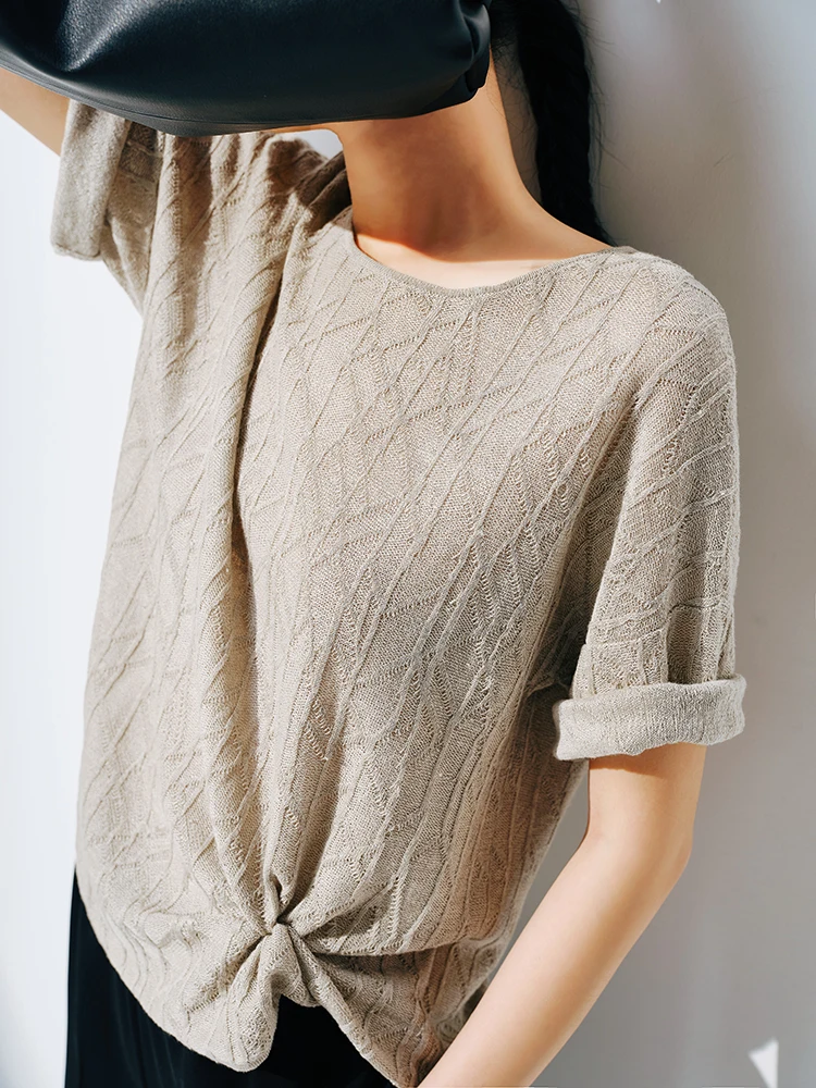 European station summer ice silk pleated short sleeve T-shirt women's round collar loose versatile solid color knit top